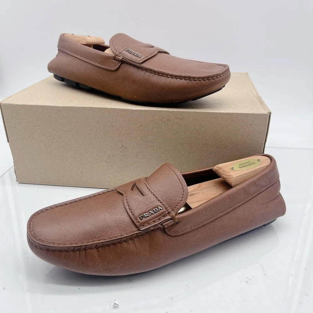 PRADA Saffiano Men's Driver Loafer Logo Ostrich BrownLeather 2DD151 EU 41 US 8